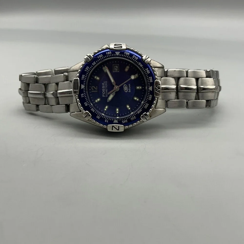 Fossil Blue AM-3104 Womens Watch 29mm Blue Dial Stainless Date New Battery 6.5